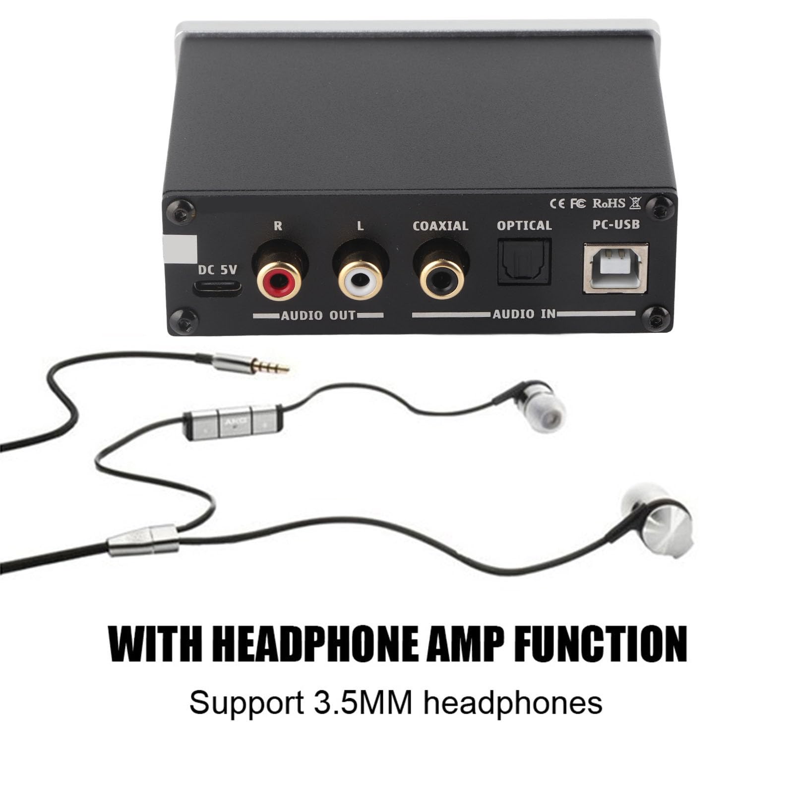 Dekoder dźwięku Culnflun DAC, wzmacniacz słuchawkowy 3,5 mm, optyczny koncentryczny cyfrowy konwerter audio USB, pozłacane wyjście, regulacja tonów wysokich, zasilanie DC5V, (Srebrny)