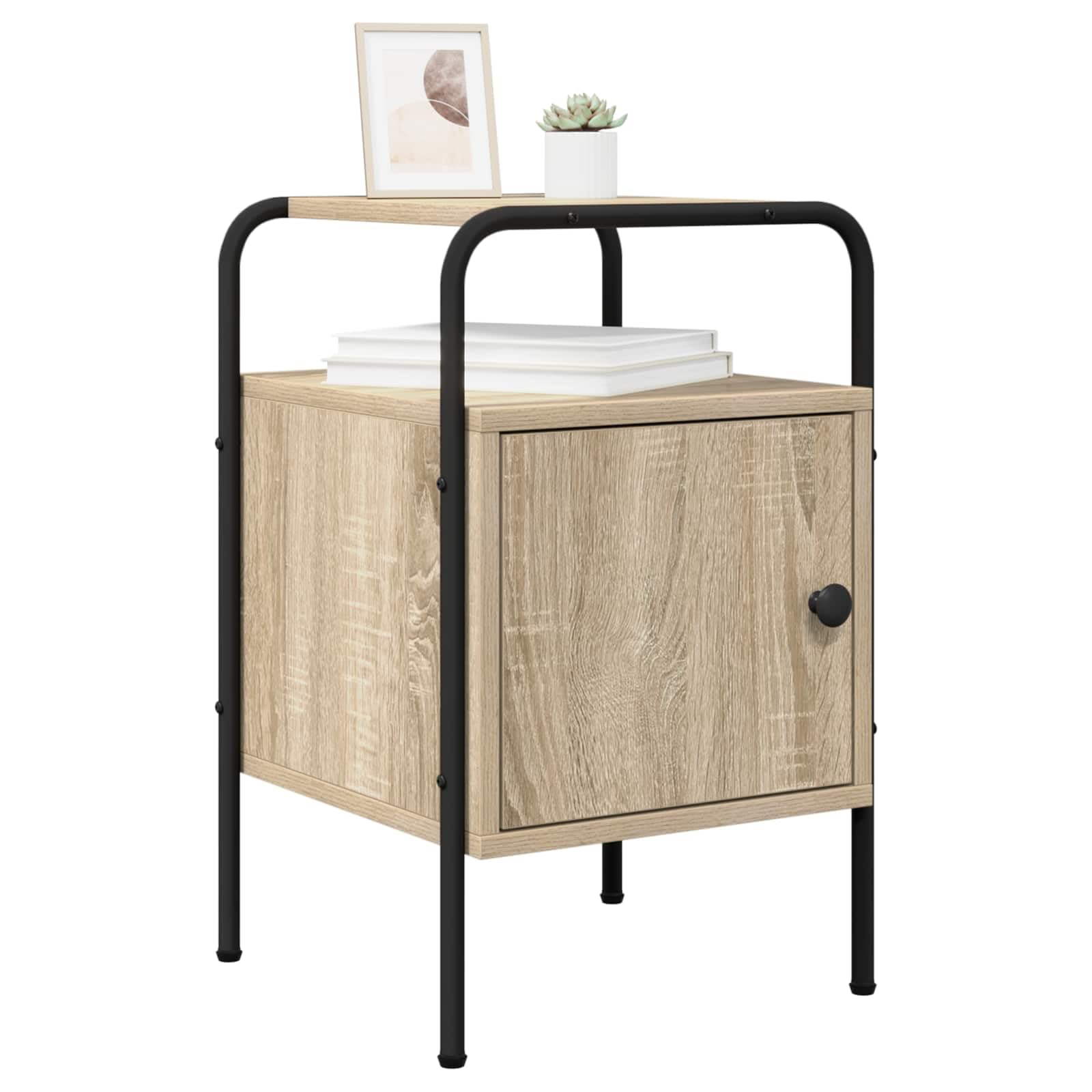 Armadio da notte in legno ingegnerizzato rovere sonoma con struttura in acciaio zincato, mobiletto moderno salvaspazio con anta e ripiano