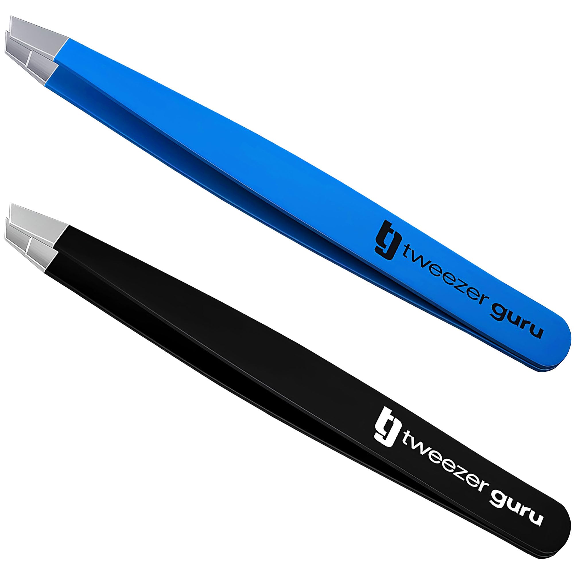 TWEEZER GURU 2 piece - Slant Pointed Precision Tweezers for Eyebrows, Ingrown Hairs, Blackheads - Sharp Needle Nose for Plucking, Splinters