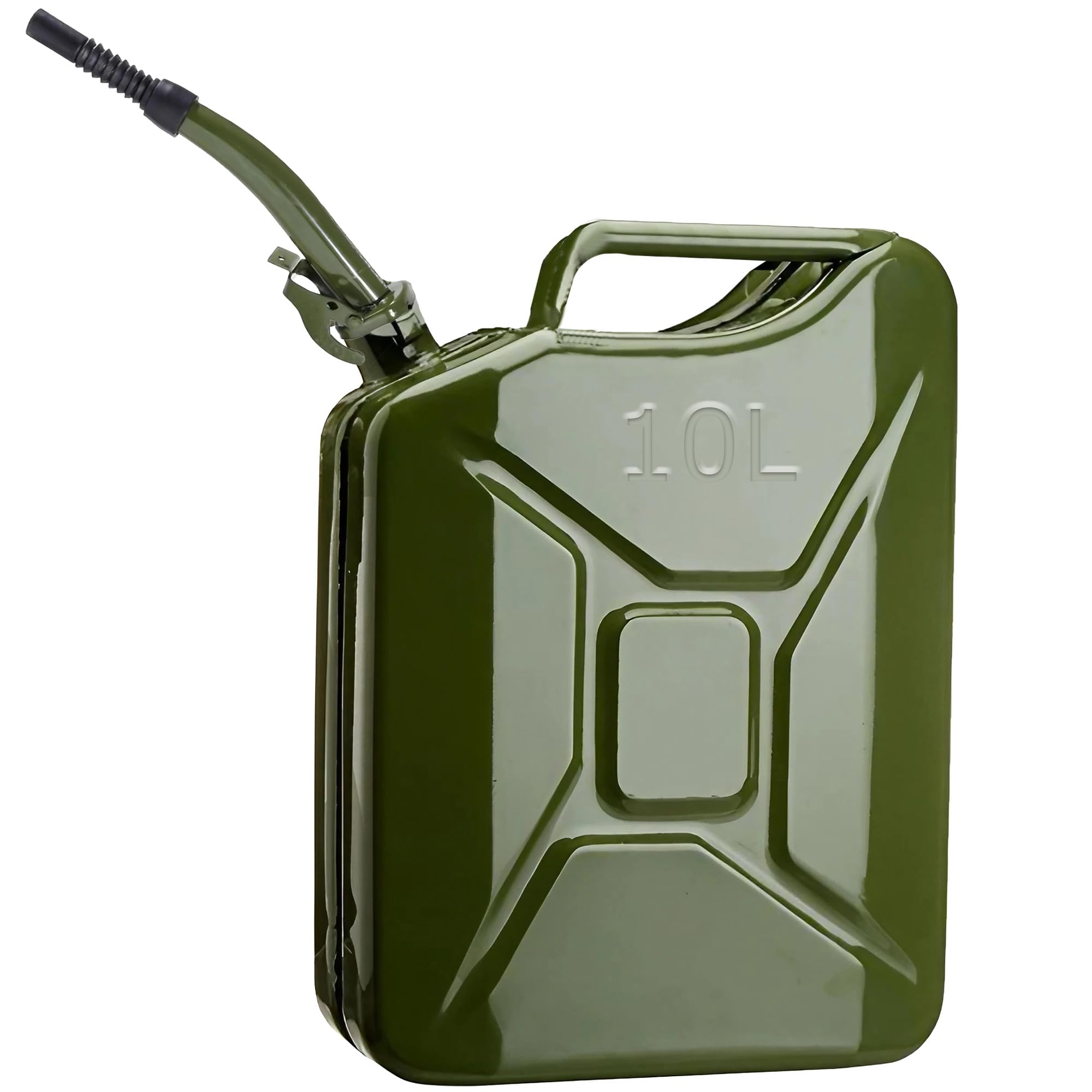 ESTO Bidón de gasolina de metal verde militar capacidad 5 L, 10 L, 20 L con o sin boquilla, cierre de seguridad, antioxidante, certificado UN transporte de mercancías peligrosas, 10 litros/con