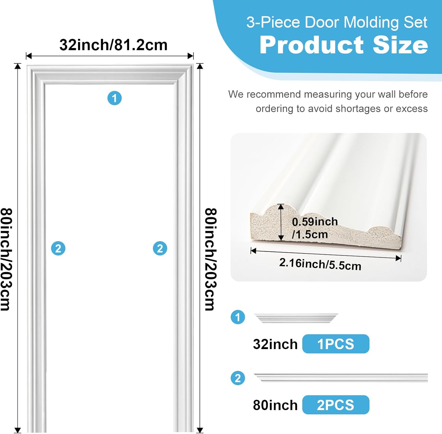 art3d door frame trim kit,decorative polyester door trim molding, maintenance-free, seals out dirt, bugs, wind, snow, and water, suitable for outdoor and indoor use, 80" x 32" x 2" white 3-piece set