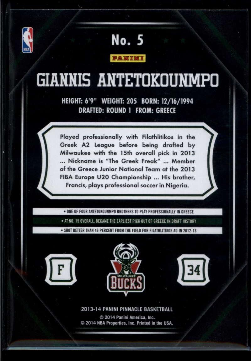Basketball Trading Card NBA 2013-14 Panini Pinnacle #5 Giannis Antetokounmpo NM Near Mint Bucks