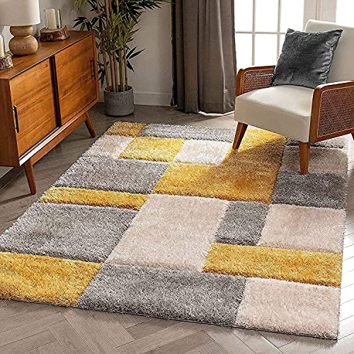 Carpet for Living Room and Bedroom Handmade Microfiber Cozy Super Soft & Plush Fluffy Shaggy Rugs for Living Room 3x5 Feet Small Carpet Grey Yellow - Image 5