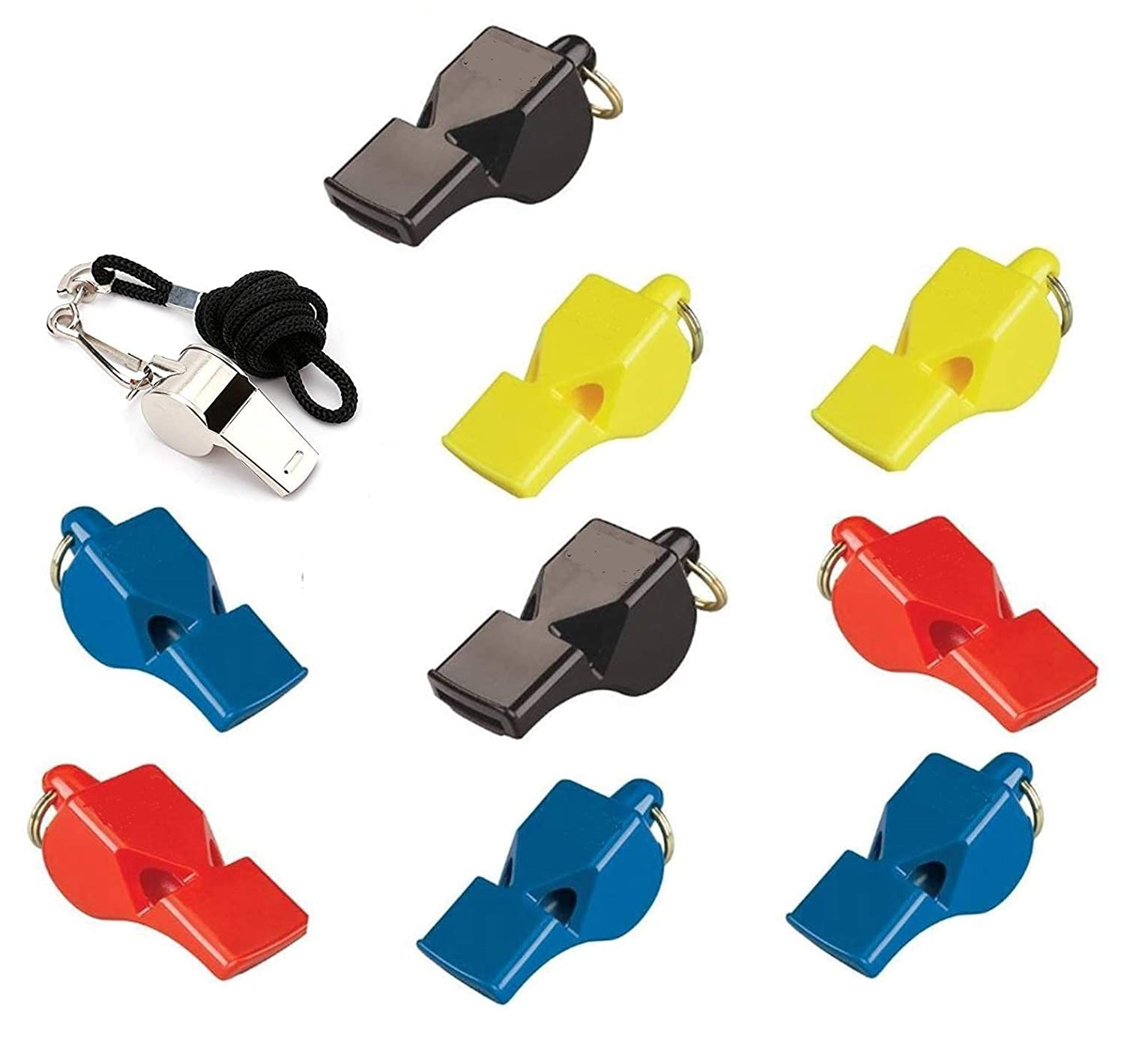 Benstar 10 Packs Coaches Referee Whistles with Lanyards, 9 Colorful Plastic and 1 Stainless Steel Metal Whistle for Football Sports Lifeguards Survival Emergency Training (Multicolour)-image-5