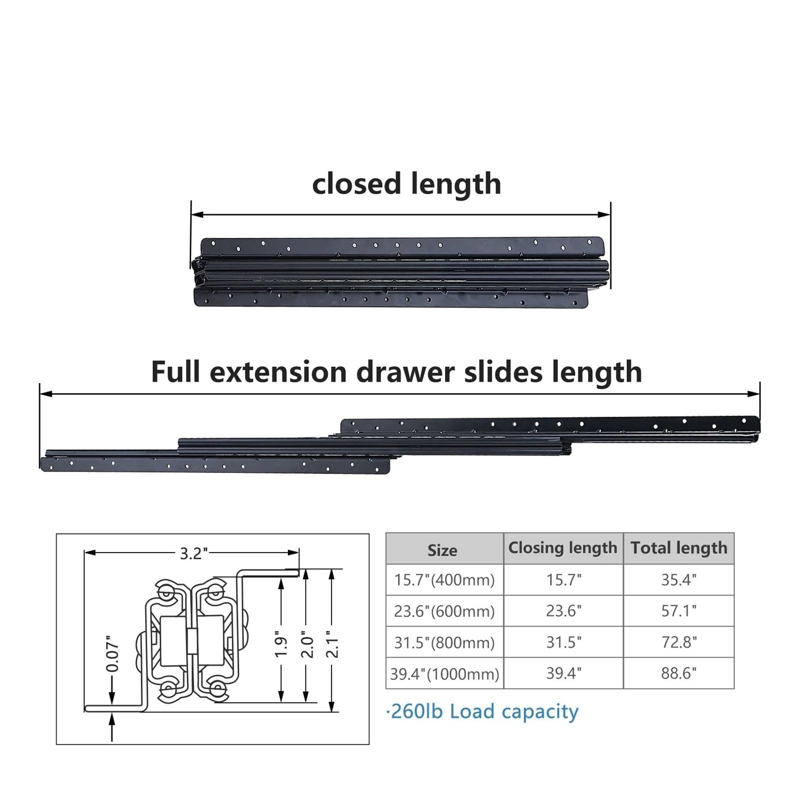 Guide for cassetti ad estrazione totale for carichi pesanti - Capacità di 260 libbre Guide con cuscinetti a sfera con montaggio sul fondo 1 pz(Black,1000-1900MM)