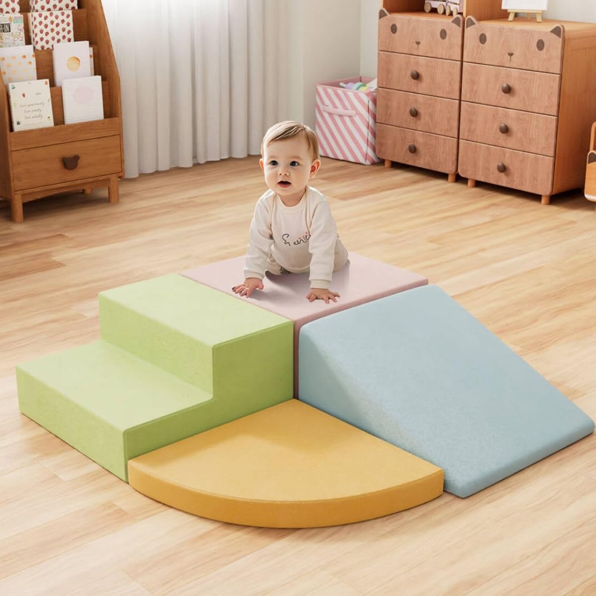 Baby Foam Climbing Blocks 4 Piece, Toddlers Climbing Gym for Crawling and Sliding, Indoor Playground Soft Large Foam Crawl Activity Play Set for Infant