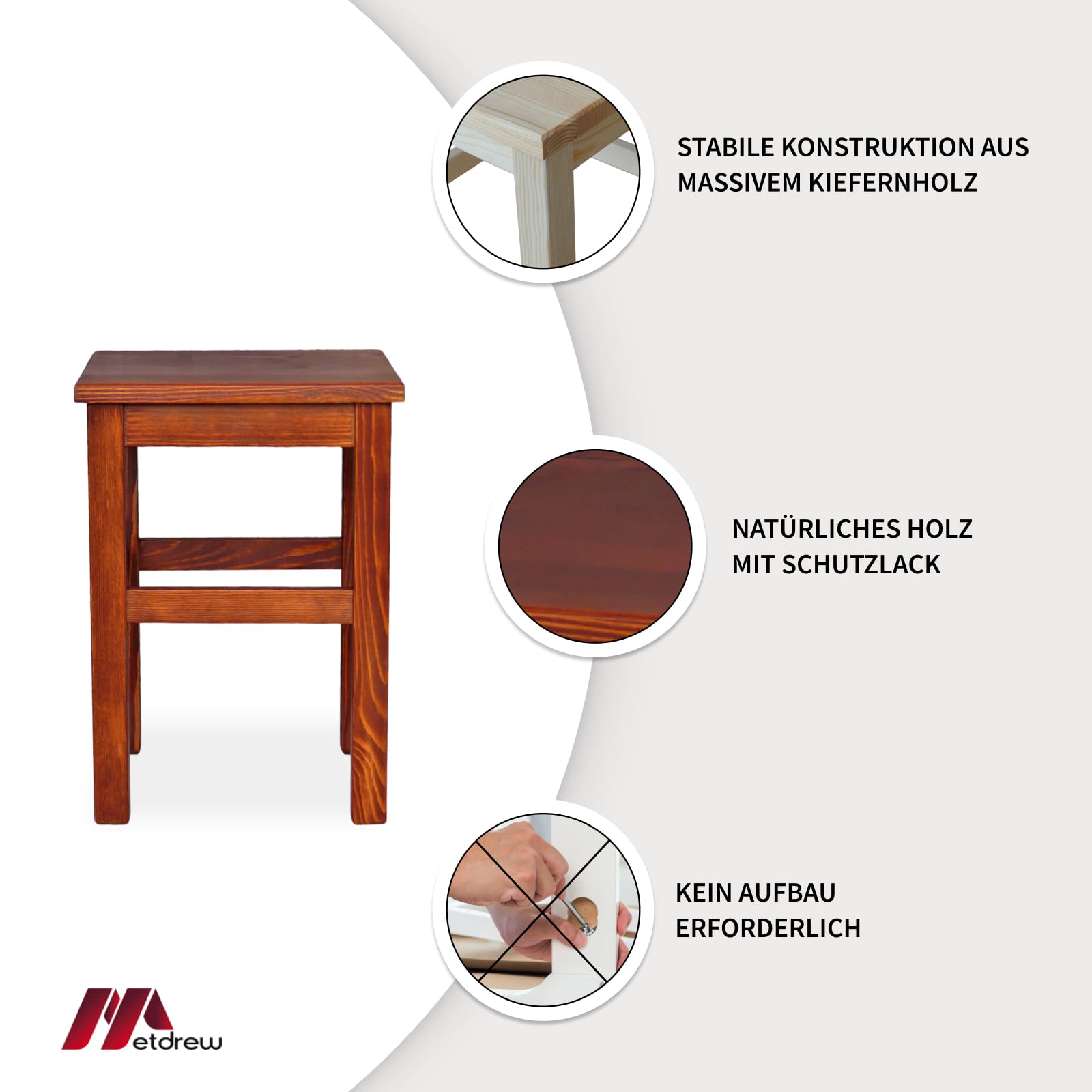 Holzhocker | Holzhocker 32 x 32 x 45 cm | Küchenhocker | Quadratischer Hocker | Rustikaler Stil | Einfacher Hocker | Holzschemel | Farbe: Calvados-Farbe gebeizt | 2 Stück