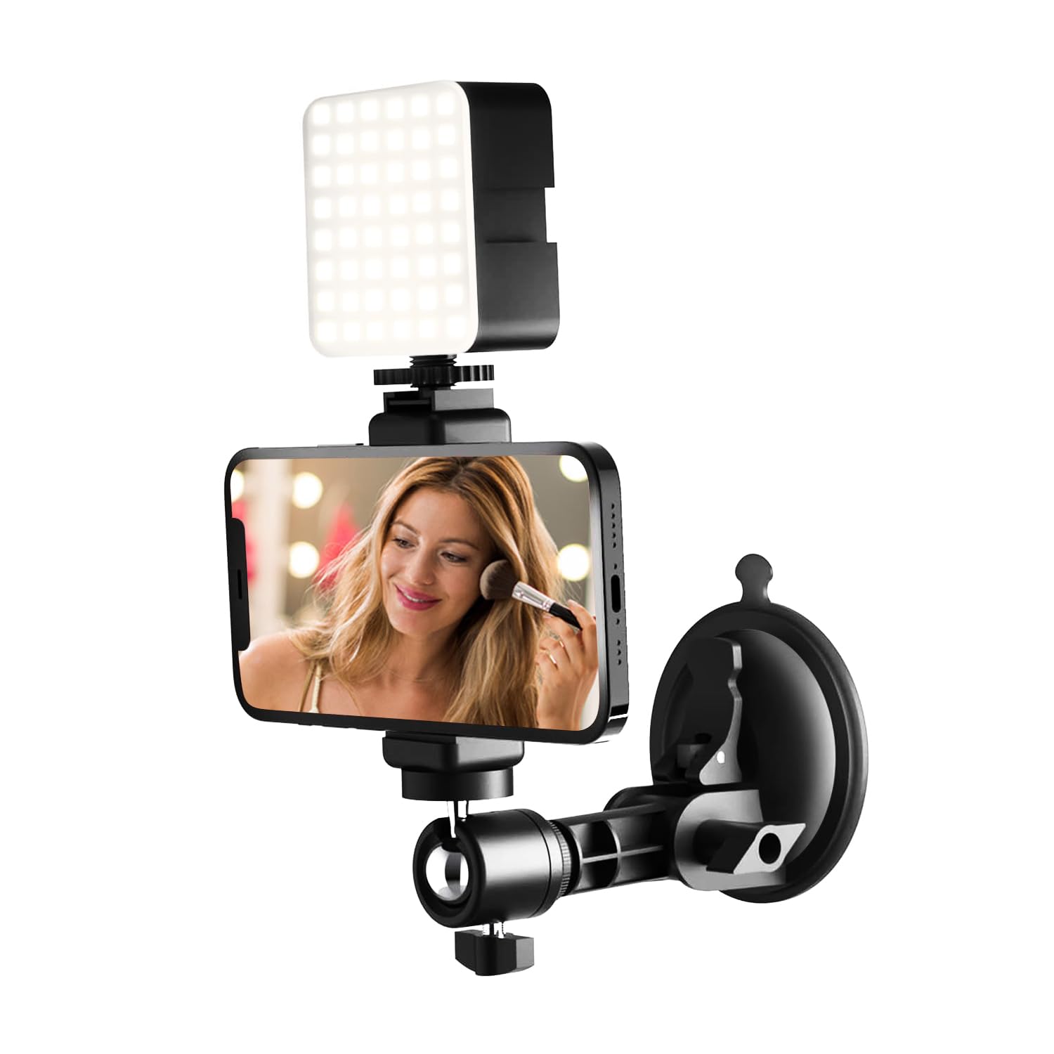 LenTok Support de téléphone à ventouse avec lumière pour Content Creator Essentials, trépied miroir pour maquillage, support mural pour appareil photo de téléphone pour salle de bain, cuisine