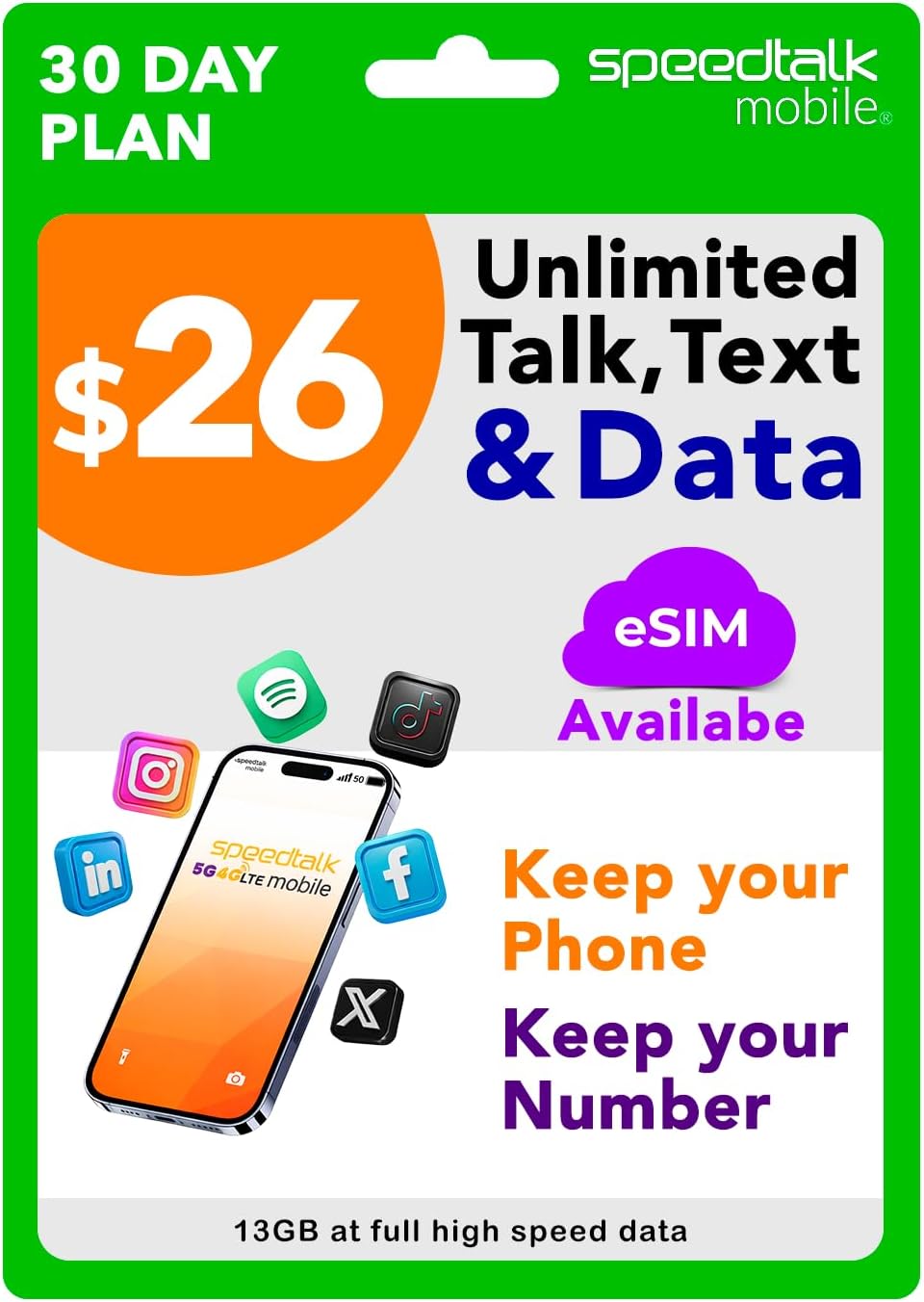 SpeedTalk Prepaid Cell Phone Plan – Unlimited Talk & Text + 13 GB High-Speed Data – SIM Card for Unlocked Smartphones – No Contract – 5G/4G LTE Nationwide Coverage – 30 Day Wireless Service