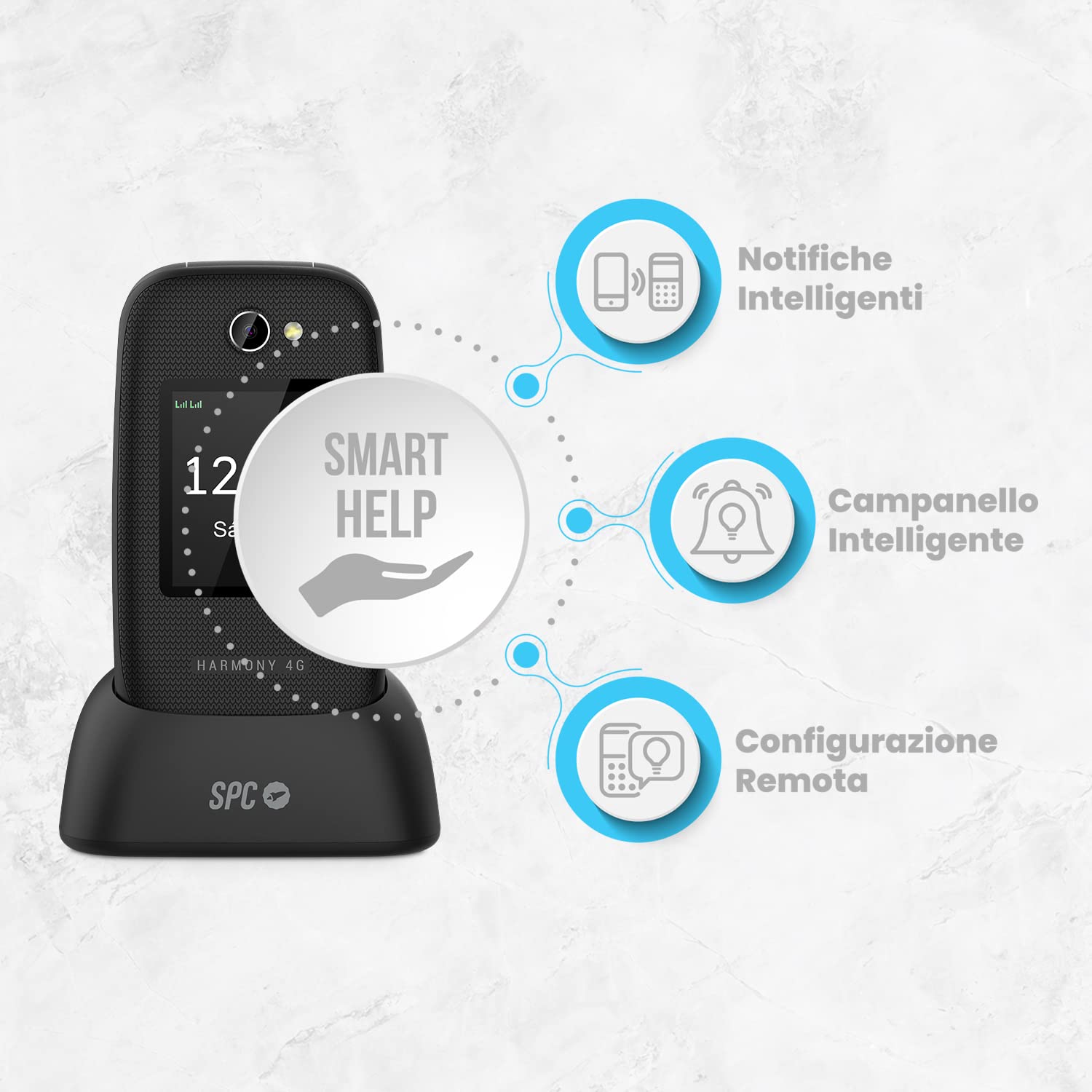 SPC Harmony 4G - Telefono cellulare flip anziani con tasti grandi, compatibile con apparecchi acustici, configurazione remota, pulsante SOS, volume della suoneria alto, base di ricarica, nero