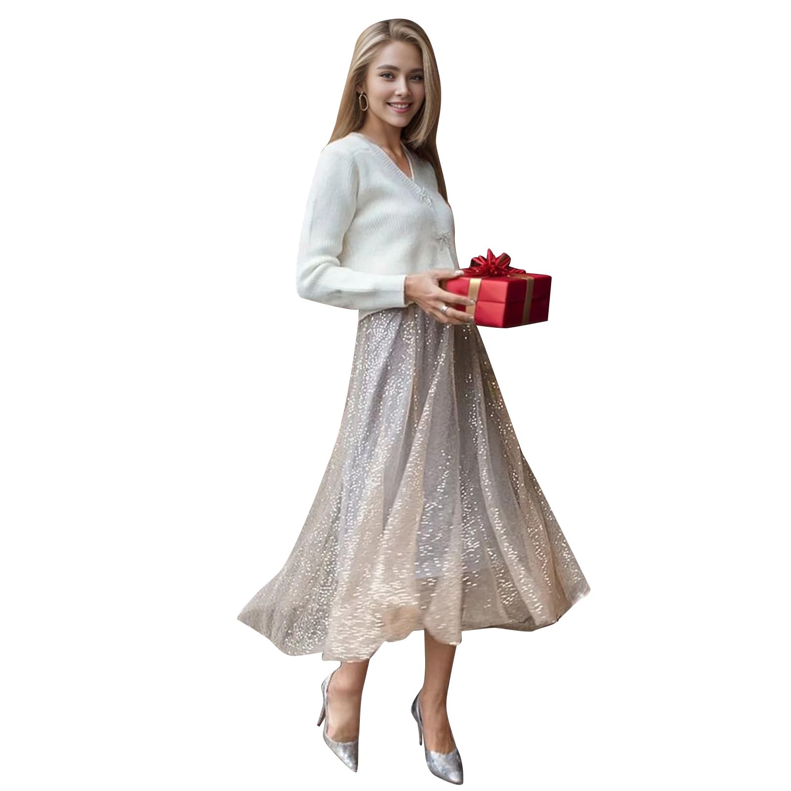 CHICWISH Faldas de tul con lentejuelas para mujer, cintura elástica, plisada, falda midi con capas brillantes, faldas tutú de hadas