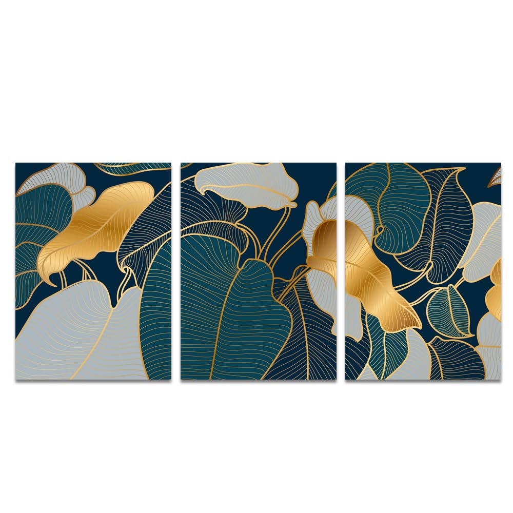 WBYZAC Wall Pictures-Abstract Luxury Golden Blue Plant Leaves Print Wall Art Picture Botanical Leaf Line Art Canvas Painting for Bedroom Kitchen Home Decor-30 * 50cm*3PCS (No Frame)