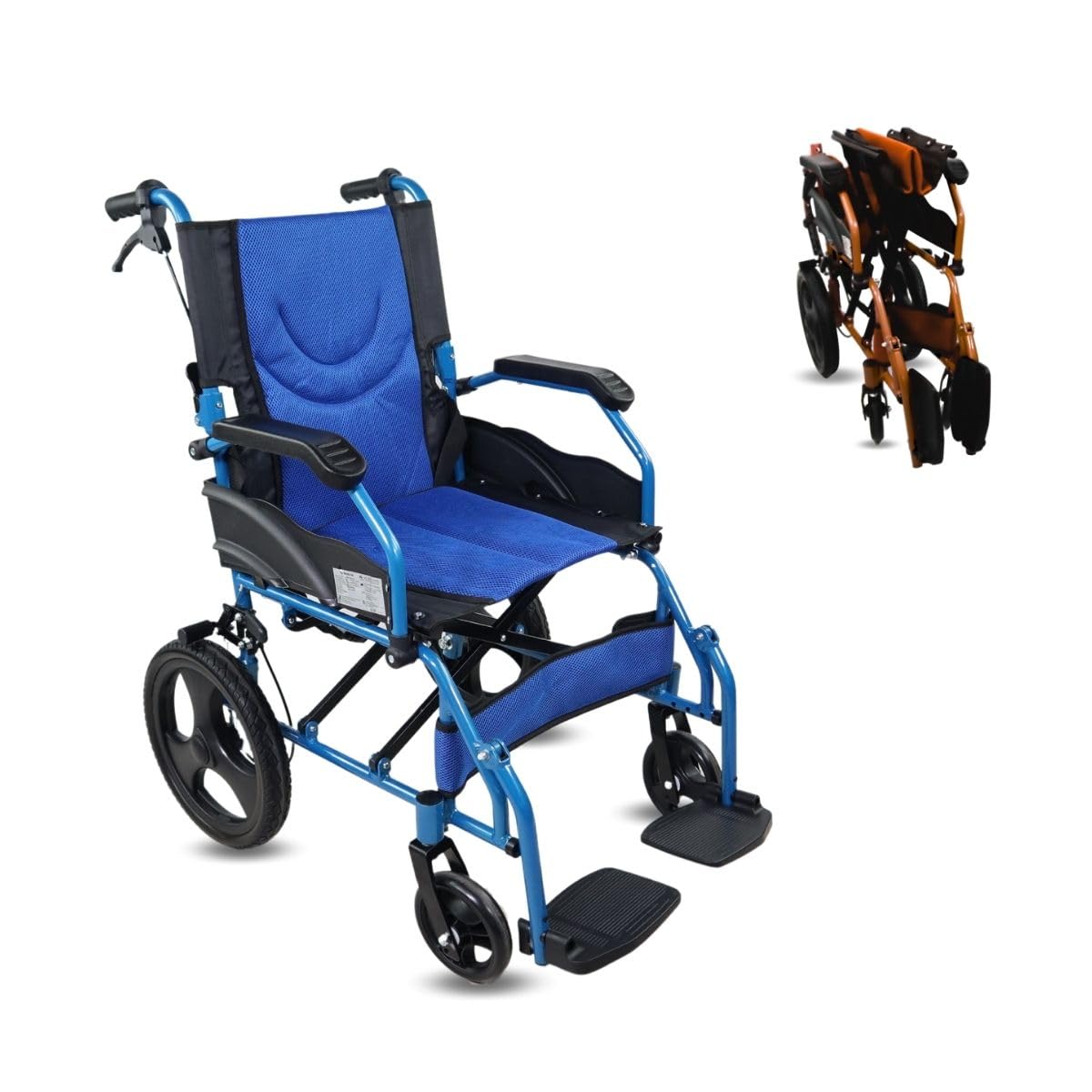 Mobiclinic®, Silla de ruedas, Plegable, Ligera, Dos sistemas freno, Respaldo, Aluminio, Reposapiés abatibles, Modelo pirámide, Pequeñas, Reposabrazos fijos (Azul, 46 cm)