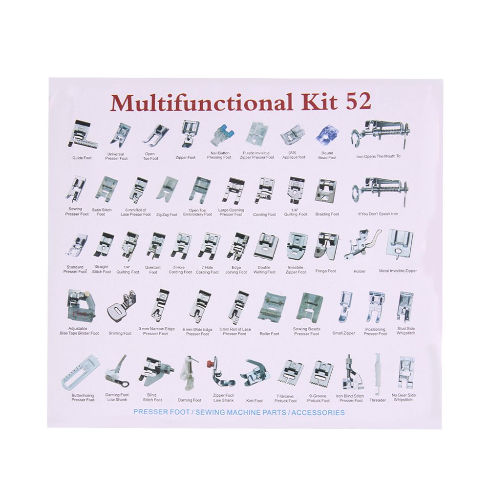 Lot de 52 pieds presseurs professionnels avec boîte de rangement en plastique pour machine à coudre à tige basse Brother, Singer, Janome, Babylock, Toyota, New Home et Kenmore