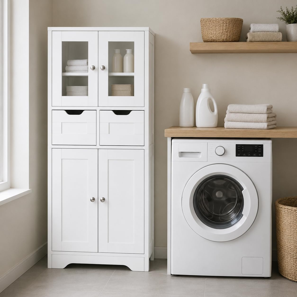 Mueble Columna de Baño Blanco, 30 cm de Fondo, 2 Cajones, 128 cm de Alto | Armario auxiliar para baño con 2 puertas de vidrio, 2 puertas opacas y 2 estantes regulables en 3 alturas.