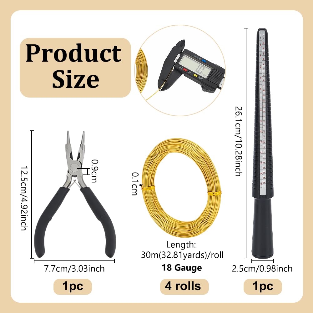OLYCRAFT 4 Packung 18 Gauge Aluminiumdraht Schmuckherstellung Set 120m Goldener Schmuckdraht Wickelset mit Ringgrößen Messstab und Rundzange für DIY Schmuckarbeiten und Ringreparatur Projekte