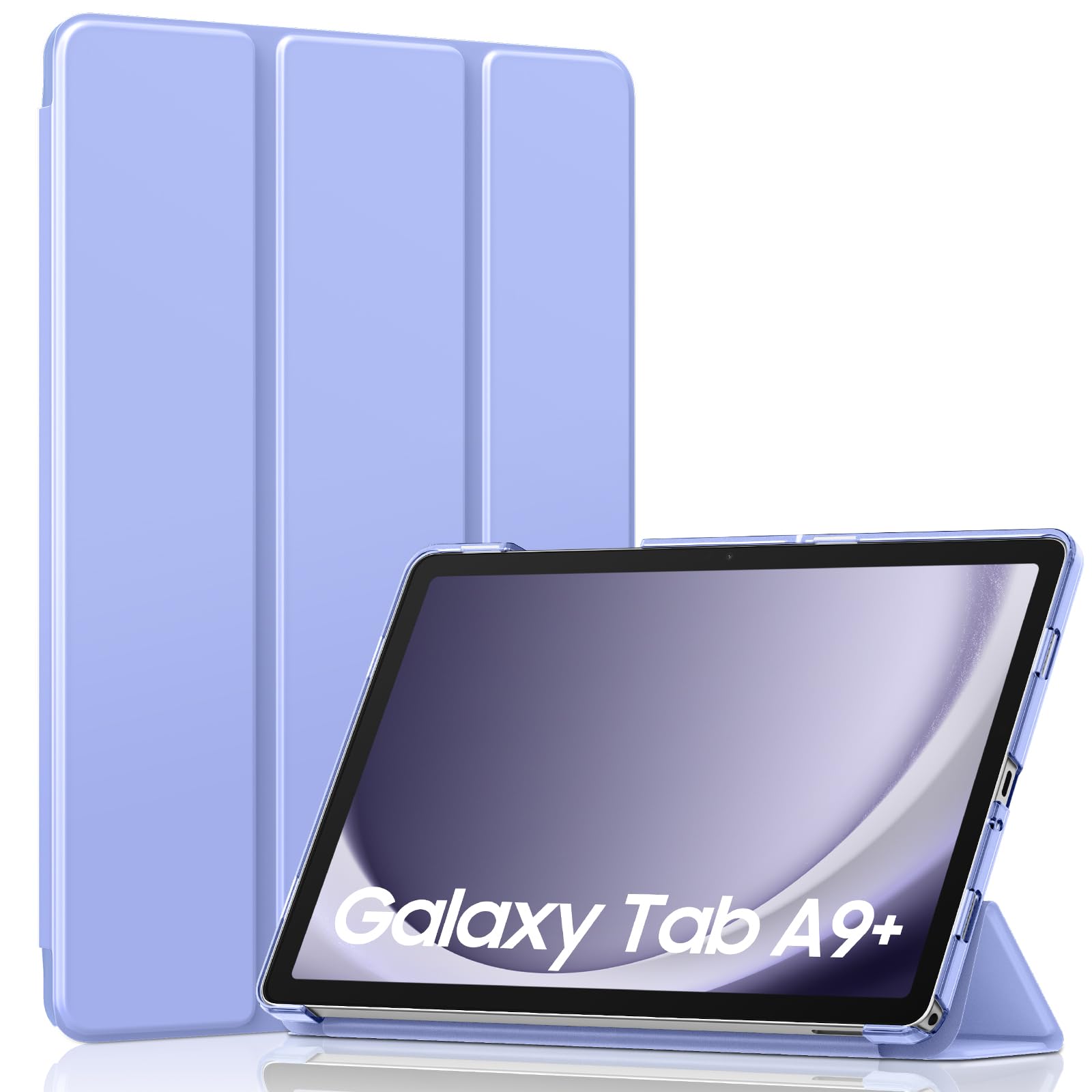 MoKo Trifold Case for Galaxy Tab A9 Plus/A9+ 11 Inch 2023, Lavender Purple | Slim Stand Hard PC Translucent Back Shell Smart Cover, Auto Sleep/Wake, Light, Anti-scratch, 2 Adjustable Angle