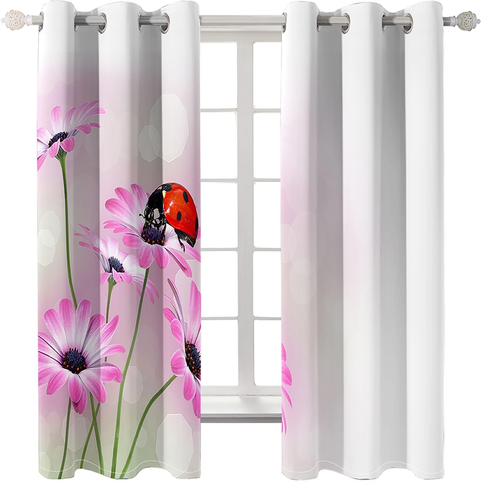 Zasłony do sypialni, 160 cm długości, zasłony zaciemniające do pokoju, 2 panele 40 szer. x 160 cm dł., kwiaty i biedronka, termiczne zasłony zaciemniające
