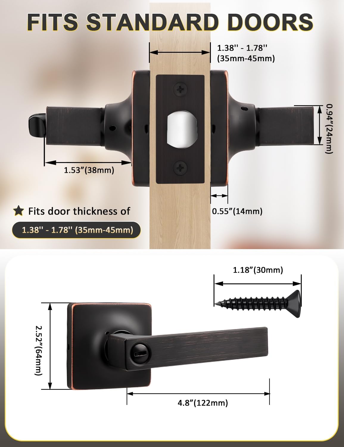 Mengico 8 Pack Oil Rubbed Bronze Privacy Door Handles,Heavy Duty Bed and Bath Door Locks Interior Door Handles,Left and Right Reversible Square Keyless Levers