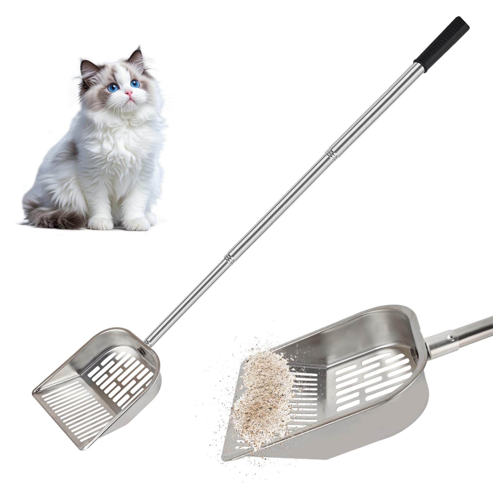 Cat Litter Scoop Metal Mesh, Kitty Scooper for Litter Box Cleaning Speed Sifting, Chicken Poop Scooper for Sand, Litter Sifter Shovel, Dog Coop Pooper Scooper -Stainless Steel Long Handle
