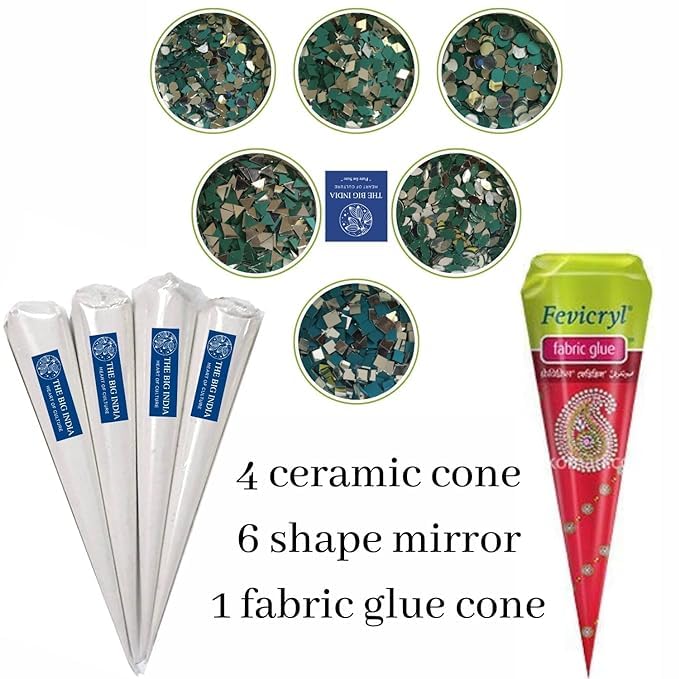Big India 6 Variety Mirrors & 4 Ceramic Clay Cones For Crafts, Lippan, Mud, Fabric, Mandala Art (6 Mirror & 4 Cone), Multi Color