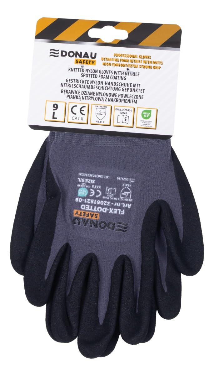DONAU SAFETY Flex-Dotted rękawice robocze z antypoślizgowym uchwytem z wypustkami/rozmiar 08/M, 1 para/szaro-czarne/mechaniczne rękawice montażowe/powlekane nitrylem, lekkie, odporne na olej, nylon