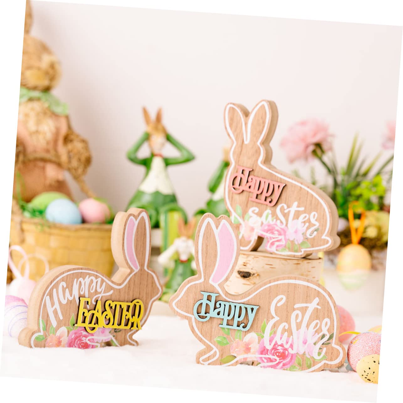 Trio di coniglietti pasquali in legno rustico: decorazioni primaverili in stile anticato - Italia