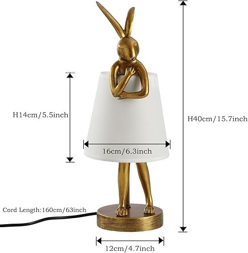 Miniatura 6 de Lámpara de mesa de conejo, luz de escritorio de conejo de resina dorada de 15.7 pulgadas con pantalla de tela blanca, mesita de noche de los niños,