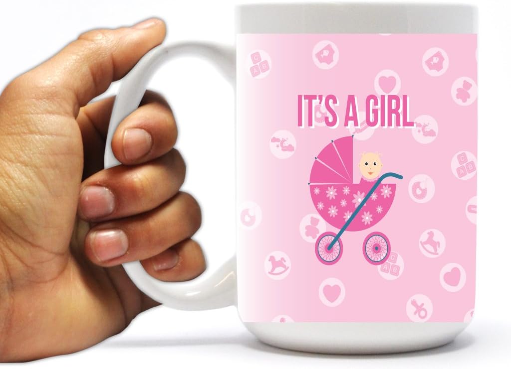 VictoryStore Ceramic Mugs -It's a Girl Baby Carriage, New Baby Coffee Mug, 15 ounces
