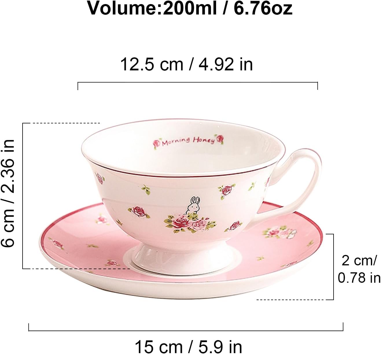 fanquare 6oz Cute Rose Rabbit Ceramic Tea Cup and Saucer with Pink Saucer