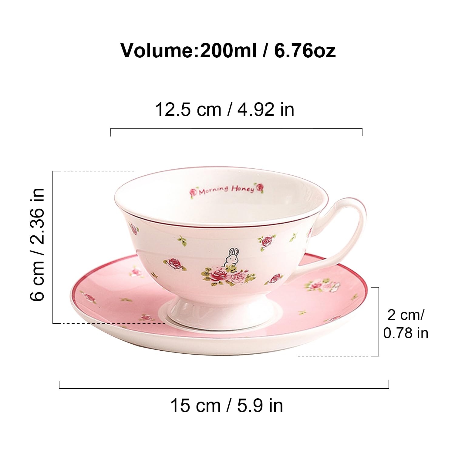 fanquare Juego de 1 Taza y Plato de Té Británico, 200ml Taza de Café y Plato Flores Rosas, Taza de Cerámica Lindo Conejo Regalos para Fiestas de Té por la Tarde para Mujeres Niñas | Elegante taza de café de conejo para mujer, regalo y té de la tarde
