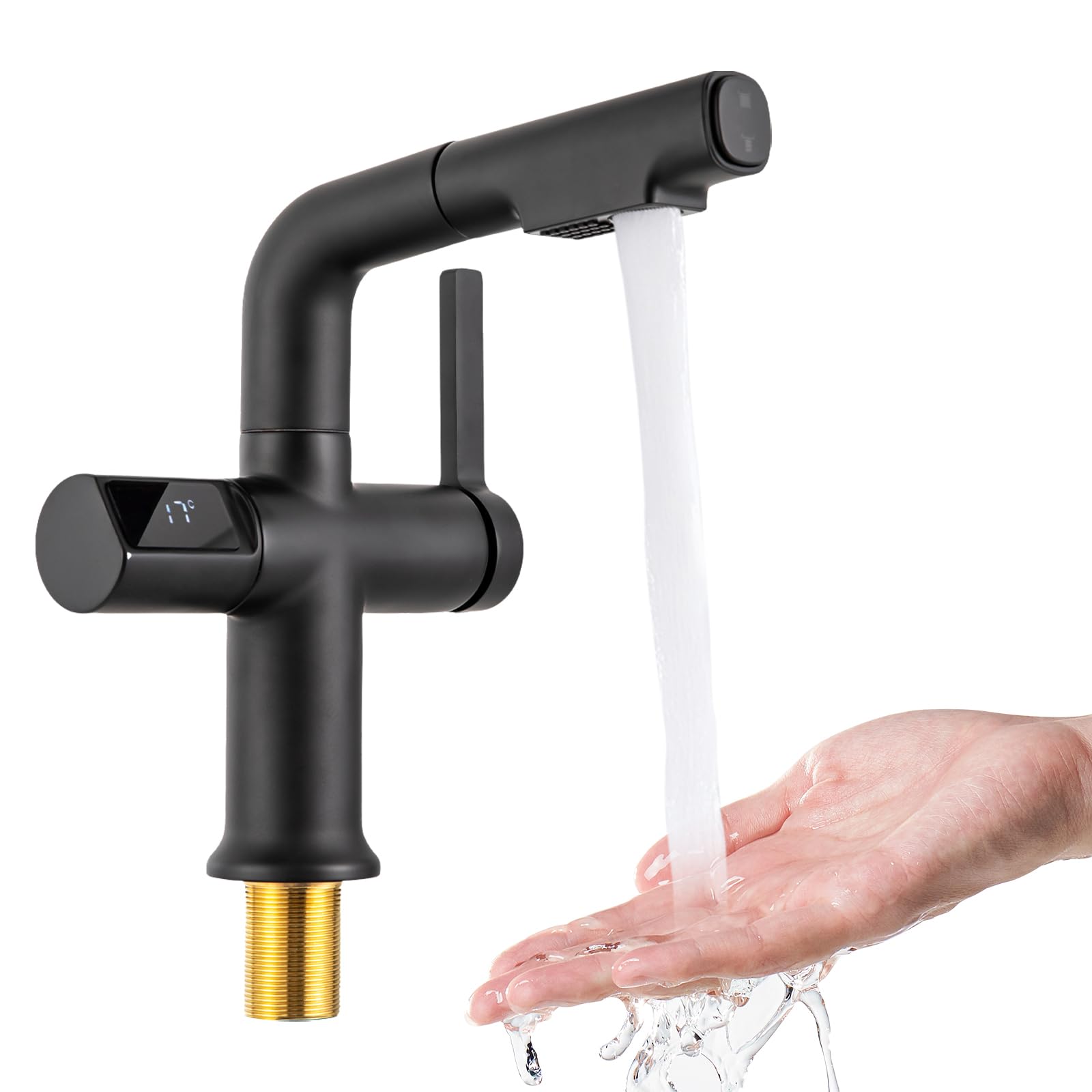 Grifo extensible para el fregadero de la cocina con indicador de temperatura digital, grifo de cocina con ducha extraíble, grifo giratorio y extensible 21,4 x 24,5 cm (negro)