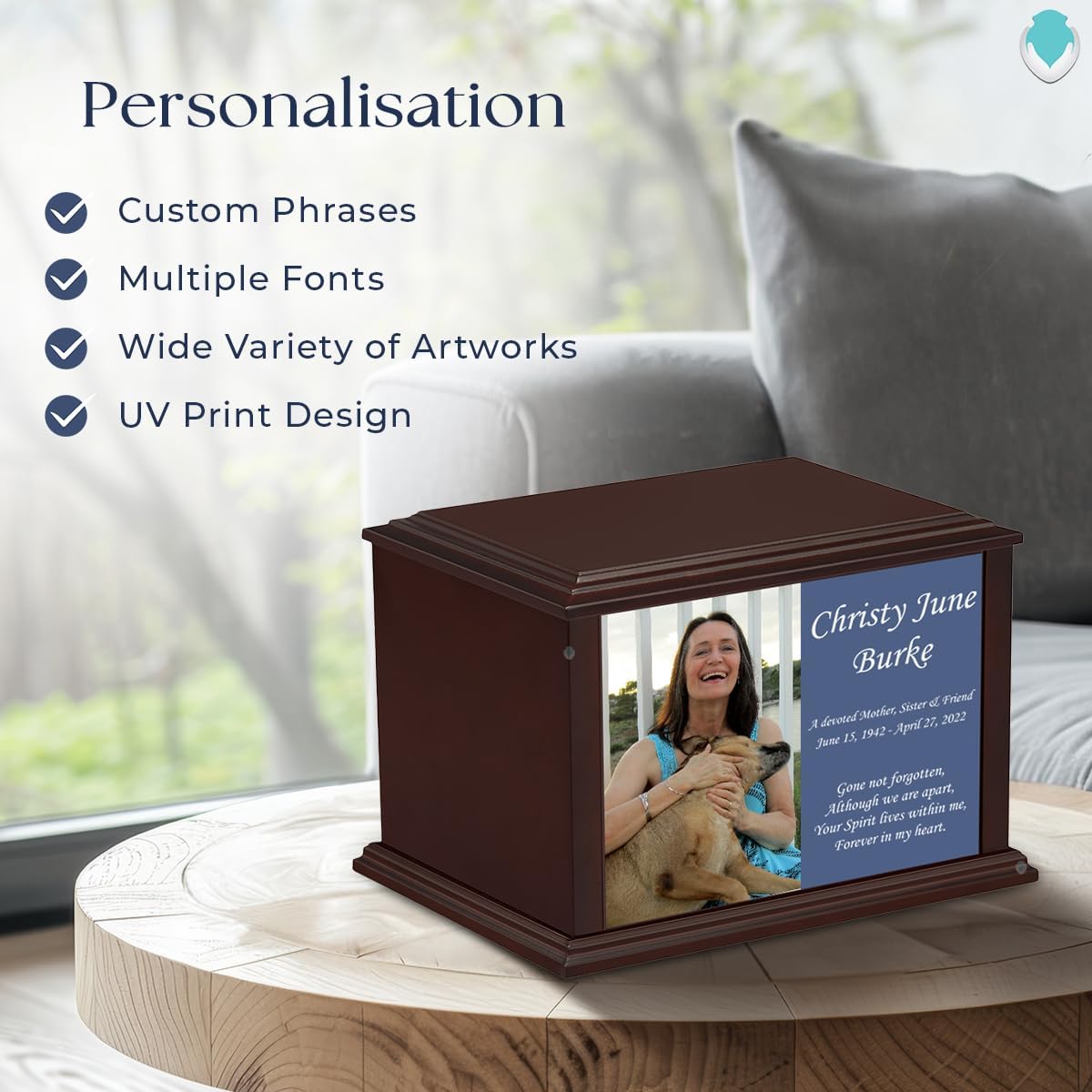 GetUrns Heritage Everlasting Expressions Adult Cremation Wooden Urn Memorial Box for Ashes with Custom Printing (Photo)
