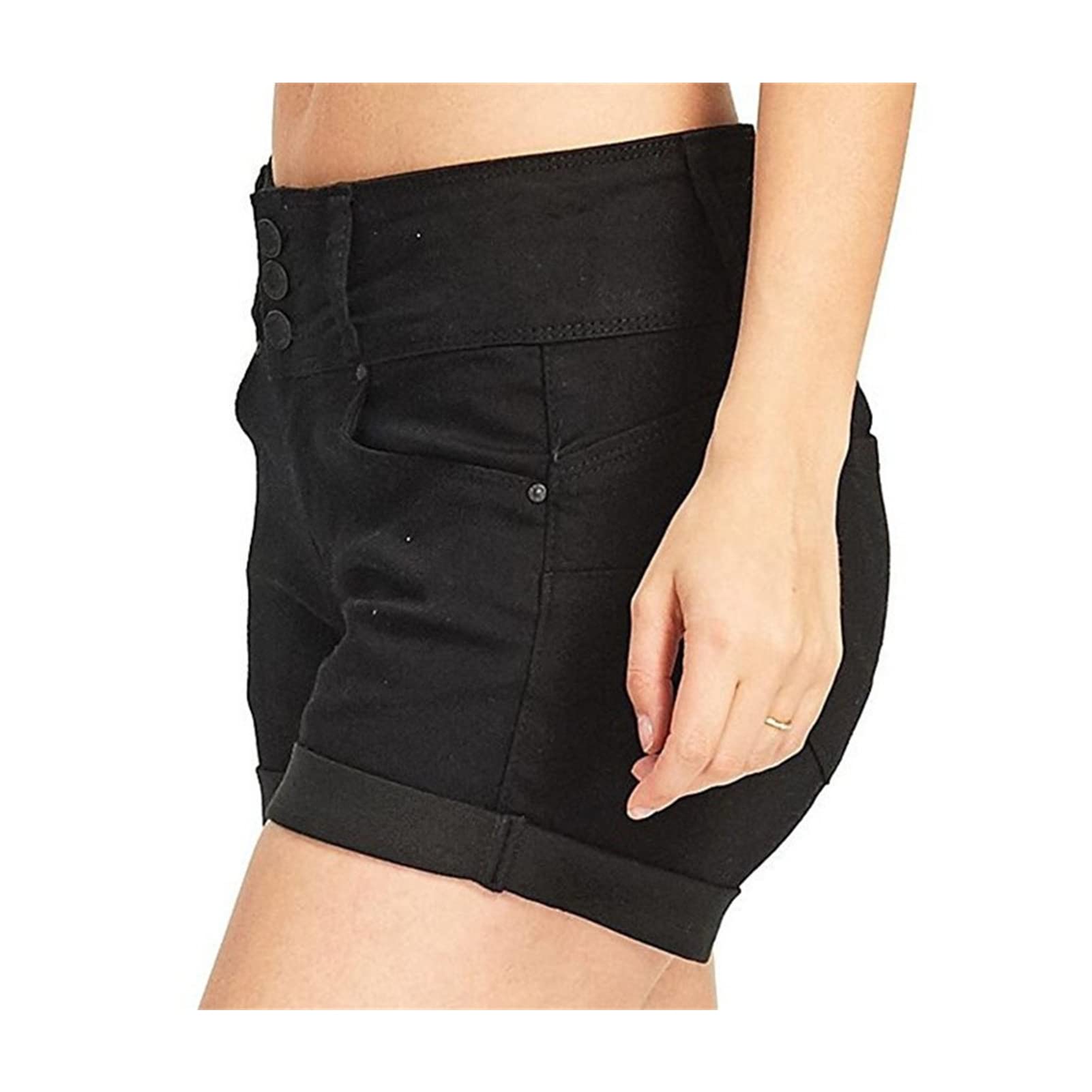 JEKE-DG Women's Solid Color Rolled Hem Denim Shorts Casual Folded Hem Jean Shorts High Waisted Stretchy Jeans Shorts (Medium,Black)