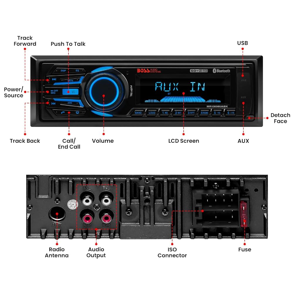 ZESTAW DO BOSS AUDIO SYSTEMS MR1308UABK, Radio single DIN, odbiornik AM/FM, stereo, AUX/USB/MP3, z Bluetooth, morskie, do łodzi i pontonów, czarne, 1 sztuka + akcesoria gratis