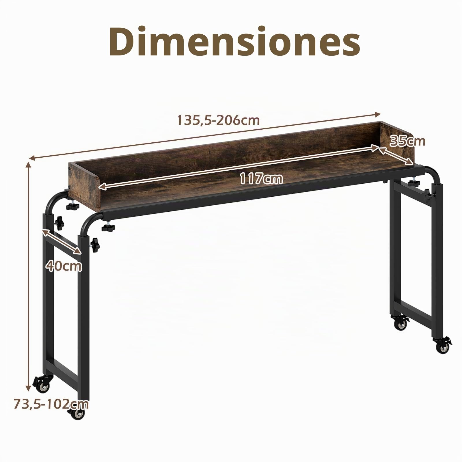 LIFEZEAL Mesa de Cama con Ruedas 117x35 cm, Café | Mesa Auxiliar con 4 Ruedas, Altura y Anchura Ajustables, Compatible con Varias Camas, para Dormitorio o Salón