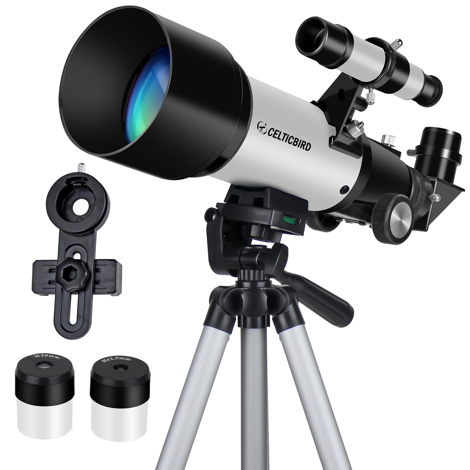 CelticBird Telescopio de 70 mm de Apertura de 400 mm – Telescopio de refracción astronómica para Adultos y Principiantes (70400 Gris)