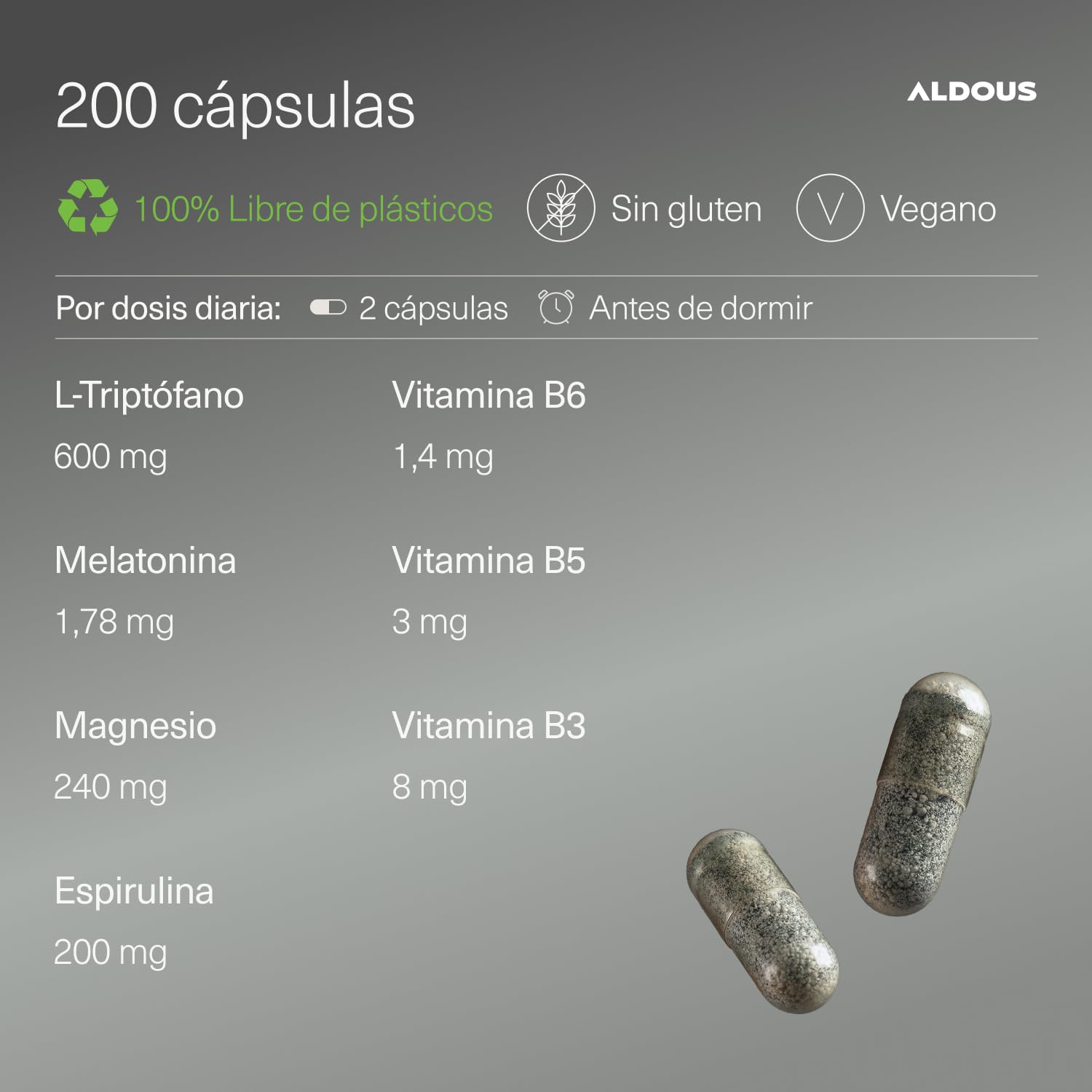 200 Cápsulas Triptofano con Melatonina y Magnesio + Vitamina B6, B5, B3 + Espirulina - Máxima Dosis Sueño + Descanso - 1,78mg de Melatonina con Magnesio - 600mg de Triptófano para Dormir Bien - ALDOUS