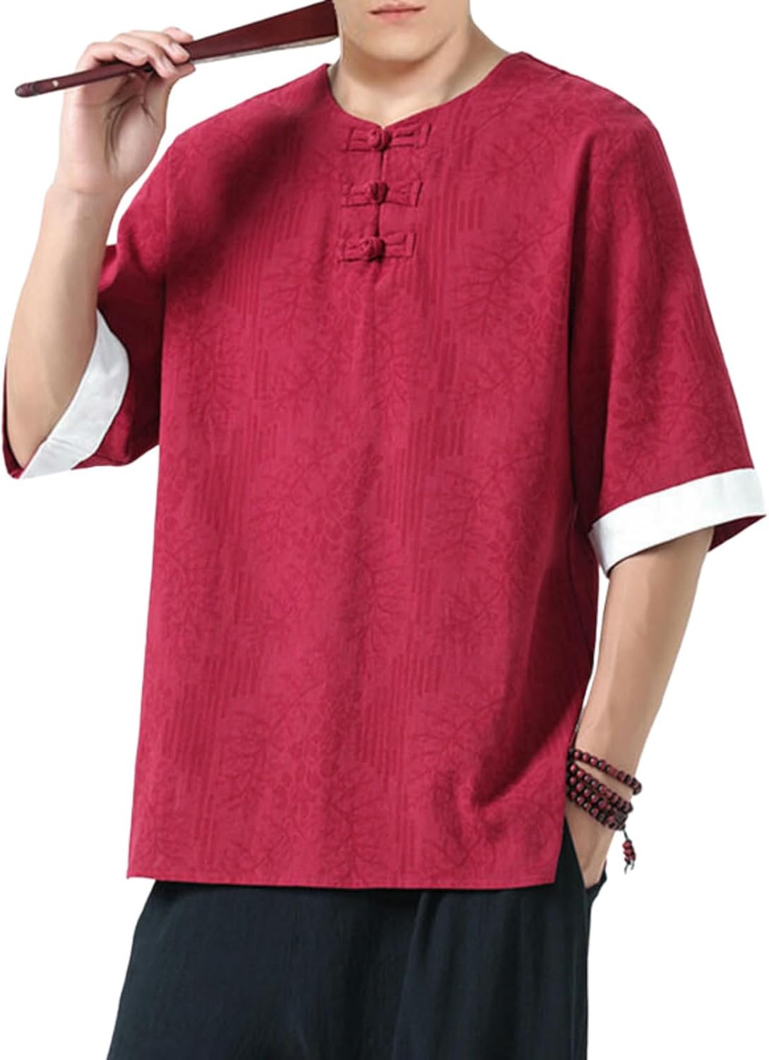 Men's Summer Trendy Retro Round Collar Print Five-Sleeve Shirt