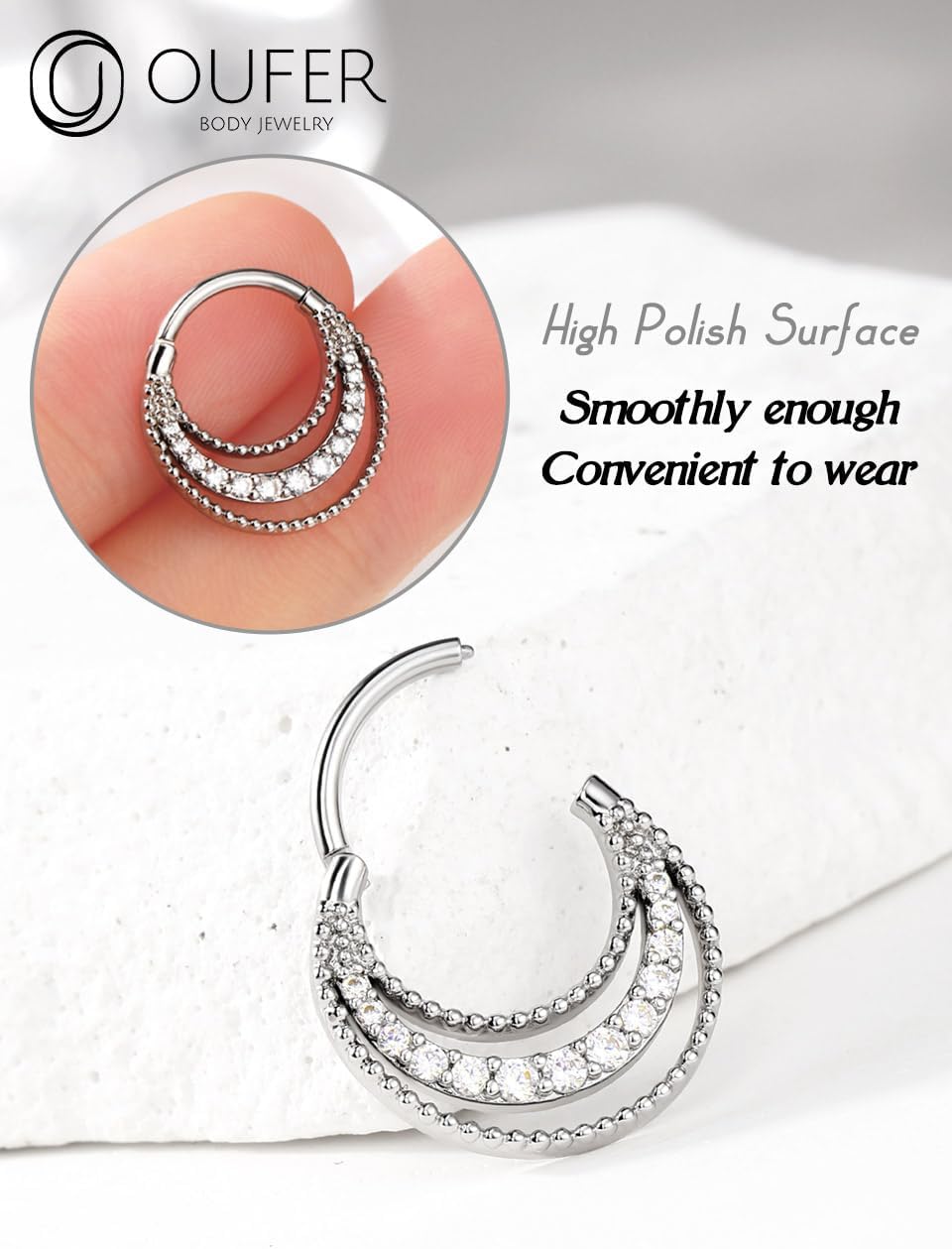 OUFER Septum Rings 16G, Three Rows Paved Shiny Clear CZ Septum Jewelry, 316L Stainless Steel Septum Piercing Jewelry, Helix Cartilage Conch Daith Piercing Jewelry For Women And Men - Image 4