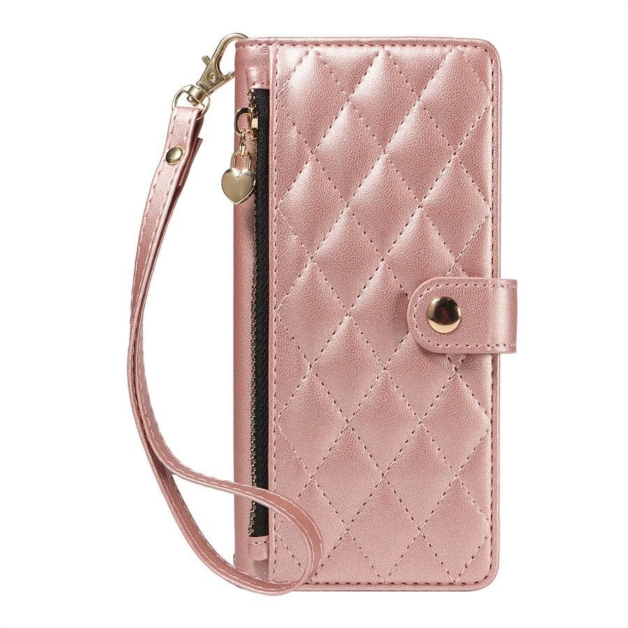 Étui iPhone 15 Plus Or Rose avec sangle et portefeuille cuir flip