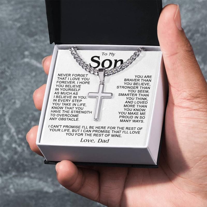 Stainless Steel Cuban Cross Necklace for Son - Heartfelt Gift with 8 Personalized Message Cards - Durable Chain Jewelry for Birthday, Graduation, Christmas - Image 2