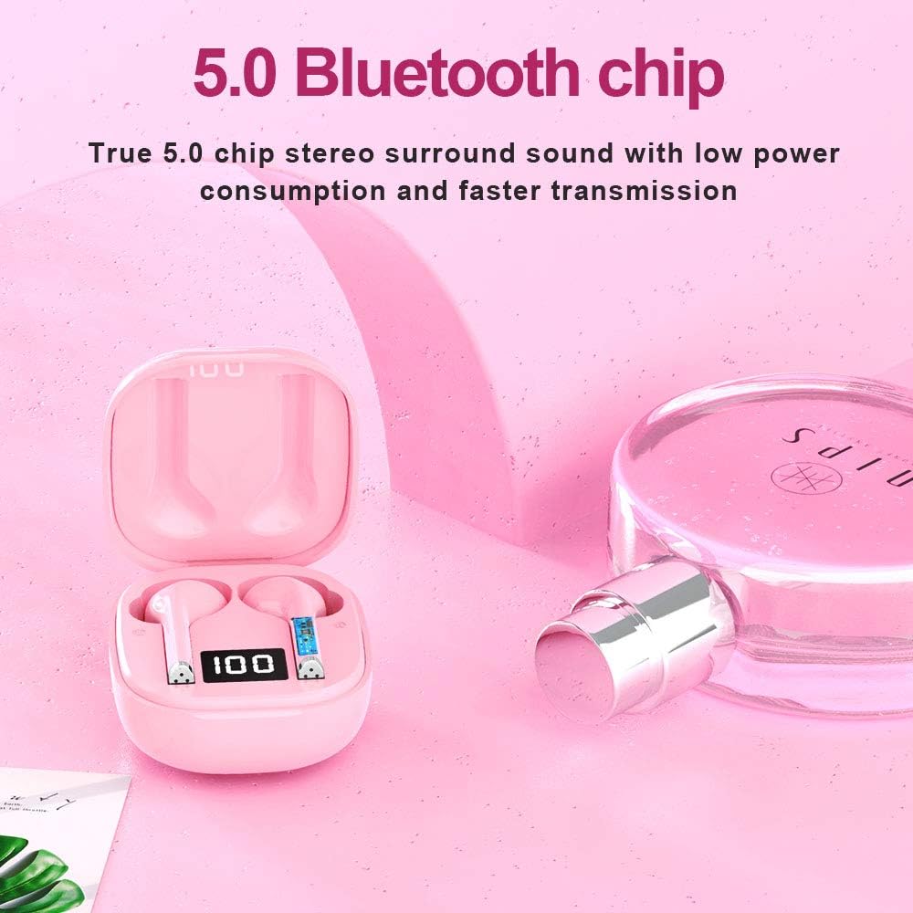 Bluetooth 5.0 Wireless Earbuds with Charging Case,Touch Control Headset HiFi Stereo Sound Mini in Ear Bluetooth Earphones,Noise Canceling Waterproof Headphones for Running (Pink)