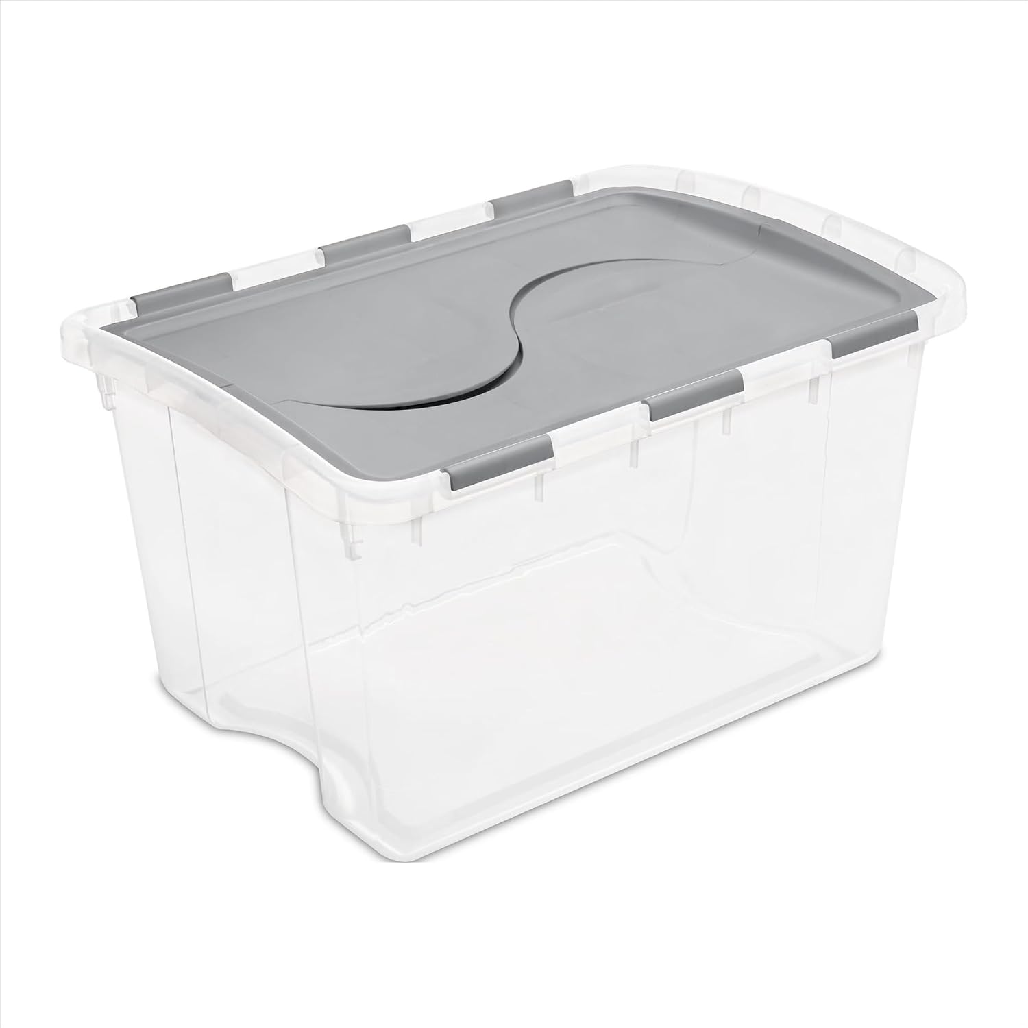 48 Quart Medium Storage Bin with Hinge Lid, Clear Plastic FlipLid Storage Container, Gray