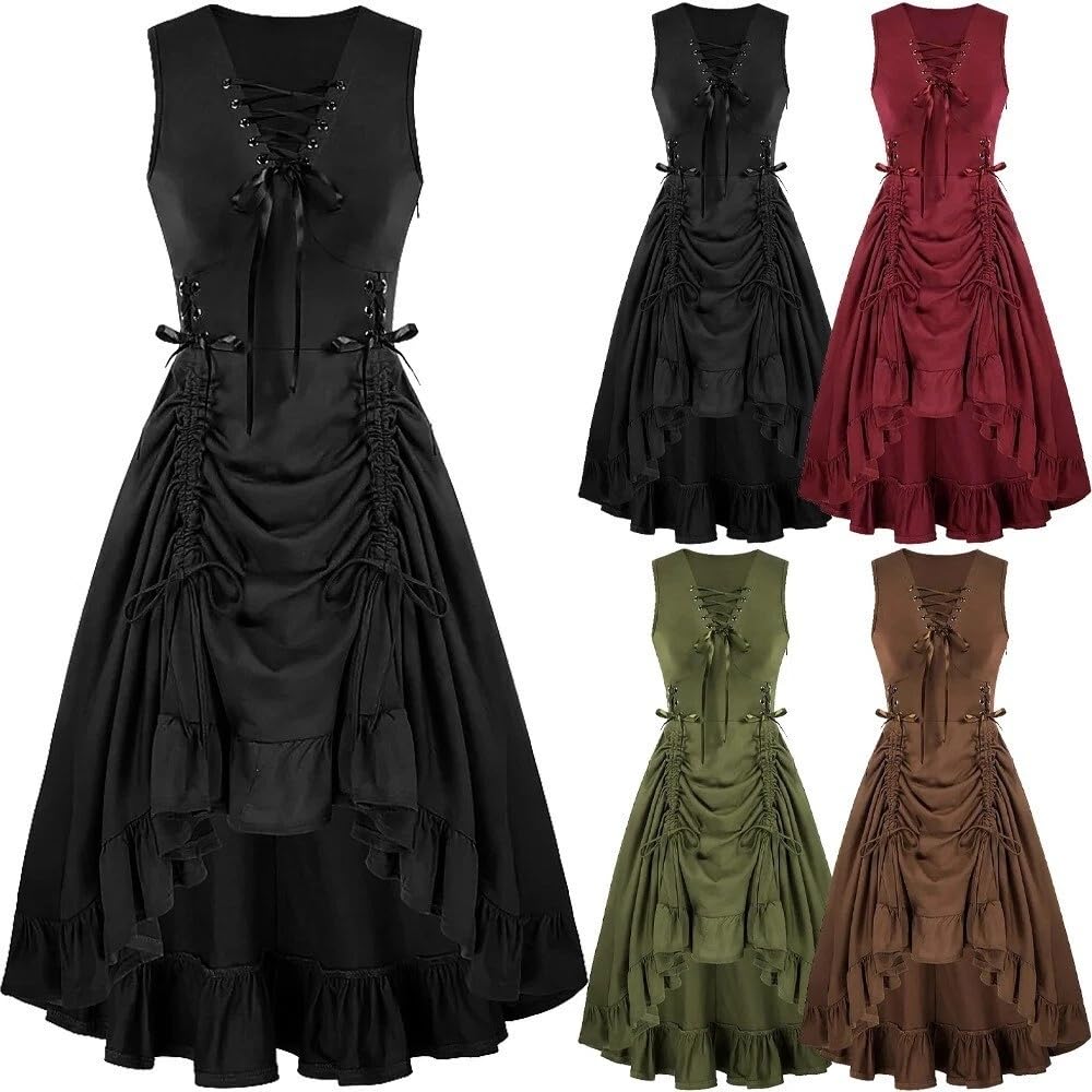 Abito vittoriano steampunk da donna, senza maniche, design alto-basso, corpetto con lacci, disponibile in nero, bordeaux, verde, marrone