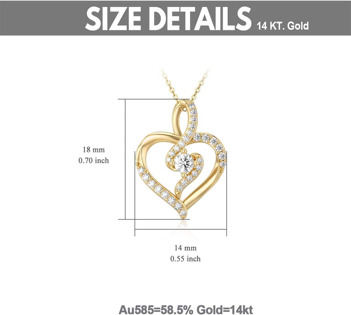 SISGEM 14K Solid Gold Heart Necklace for Women,Yellow Gold 0.55 Carat(CTTW) Moissanite Infinity Heart Pendant Necklaces Anniversary Birthday Gifts for Wife Mom 16''-18''