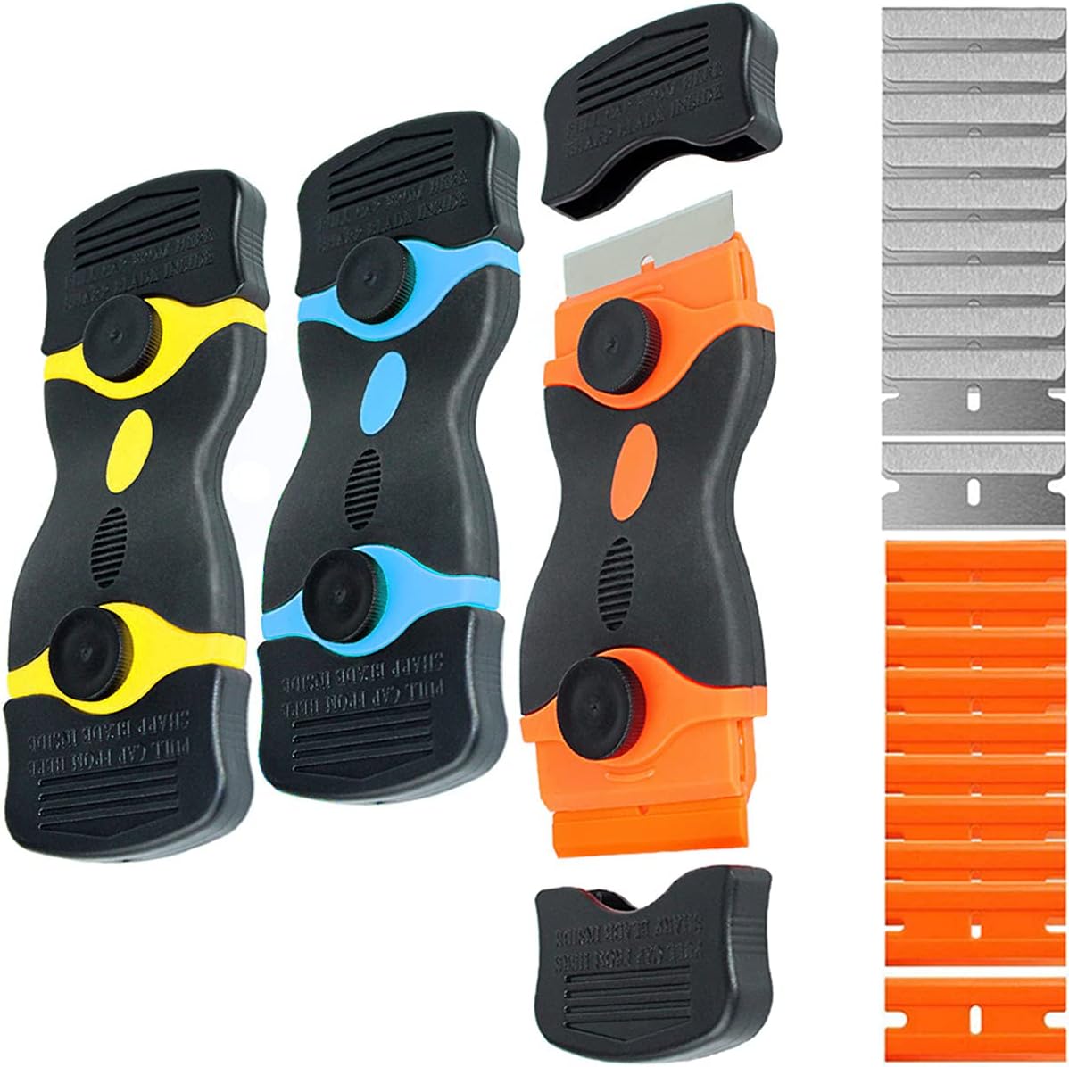 3 Pack Double Edge Razor Blade Scraper Set with 36 Pcs Replacement Scraper Blades, Multi-Purpose Scraper Cleaning Tool for Scraping Labels, Decals, Stickers, Paint from Glass, Stovetop, Subfloor