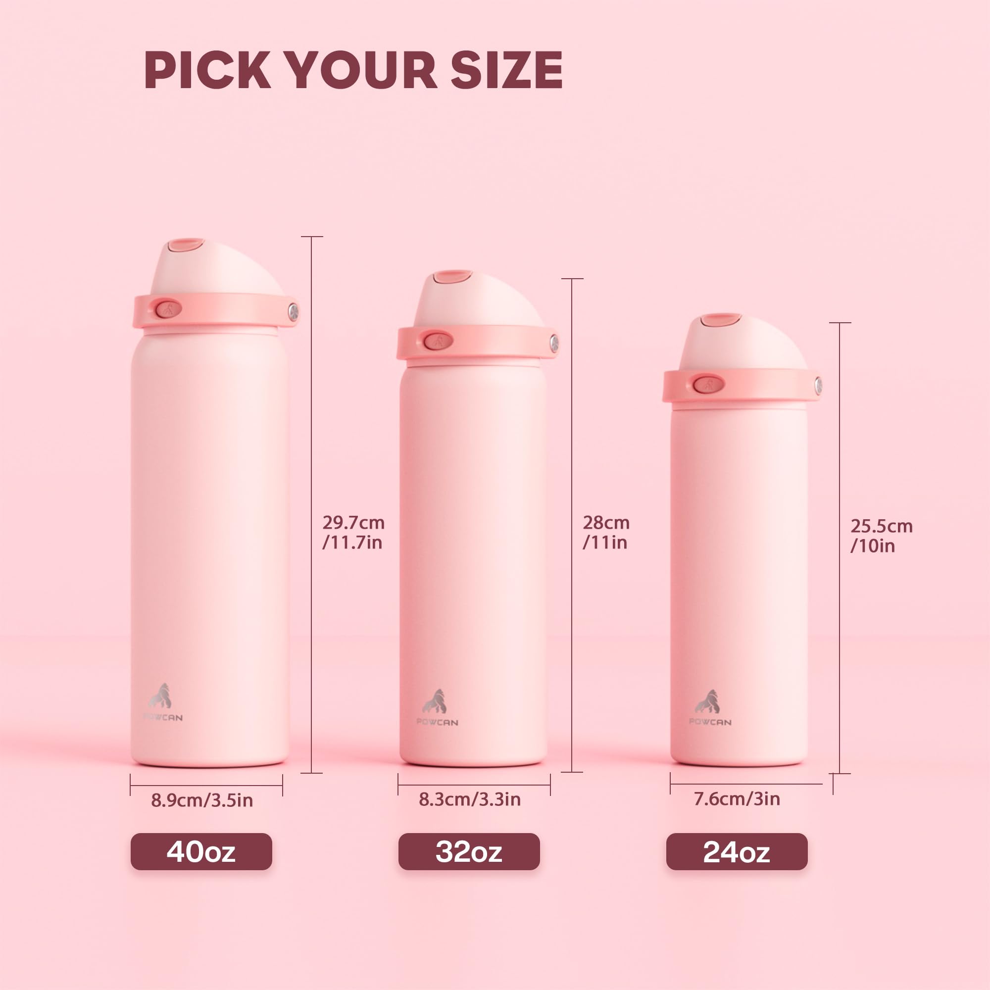 POWCAN Borraccia in acciaio inox da 1183 ml, da donna: coperchio 2 in 1 con beccuccio a pulsante e cannuccia a chiusura rapida, a tenuta stagna, mantiene il freddo per 24 ore, tazza termica in metallo