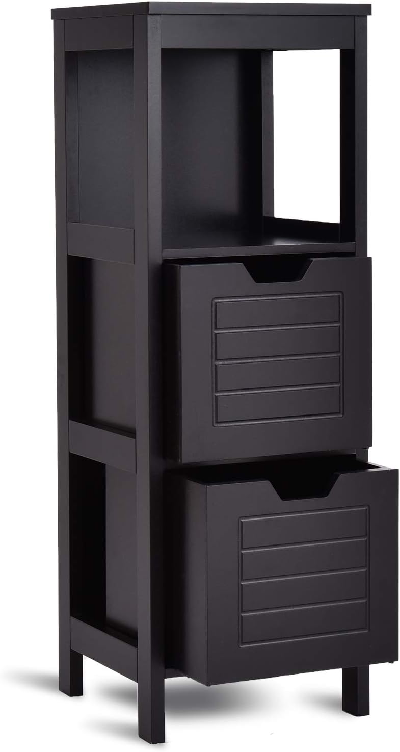 GLACER Bathroom Floor Cabinet, Wooden Side Storage Cabinet with Two Removable Drawers for Flexible Storing, Suitable for Bathroom, Living Room, 12 x 12 x 35 inches (Black)