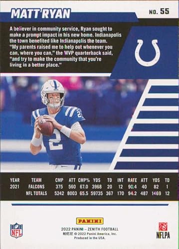 Miniatura 2 de 2022 Panini Zenith Retail #55 Matt Ryan Indianapolis Colts Football Card - GotBaseballCards